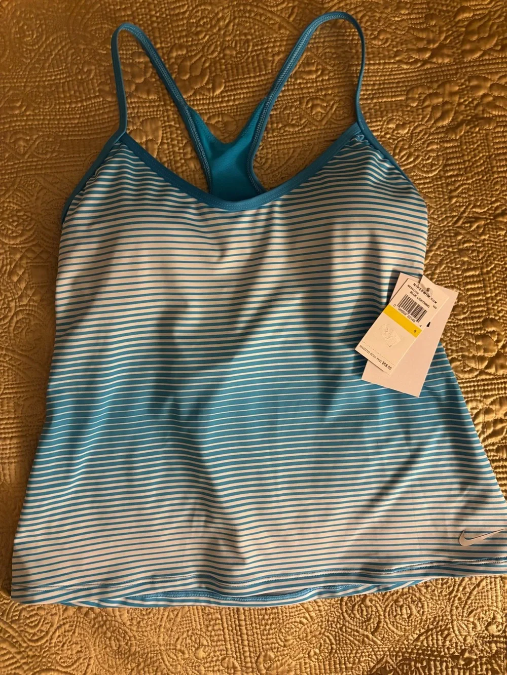 Women’s NWT NIKE Blue Striped Tankini Racer back Top W/Built-In Bra Size Small